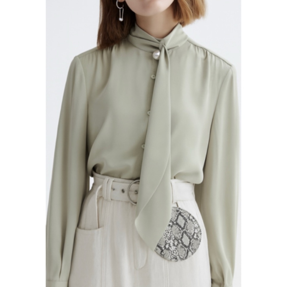 LILY dusty green faux pearl collar scarf tie blouse shirt xs